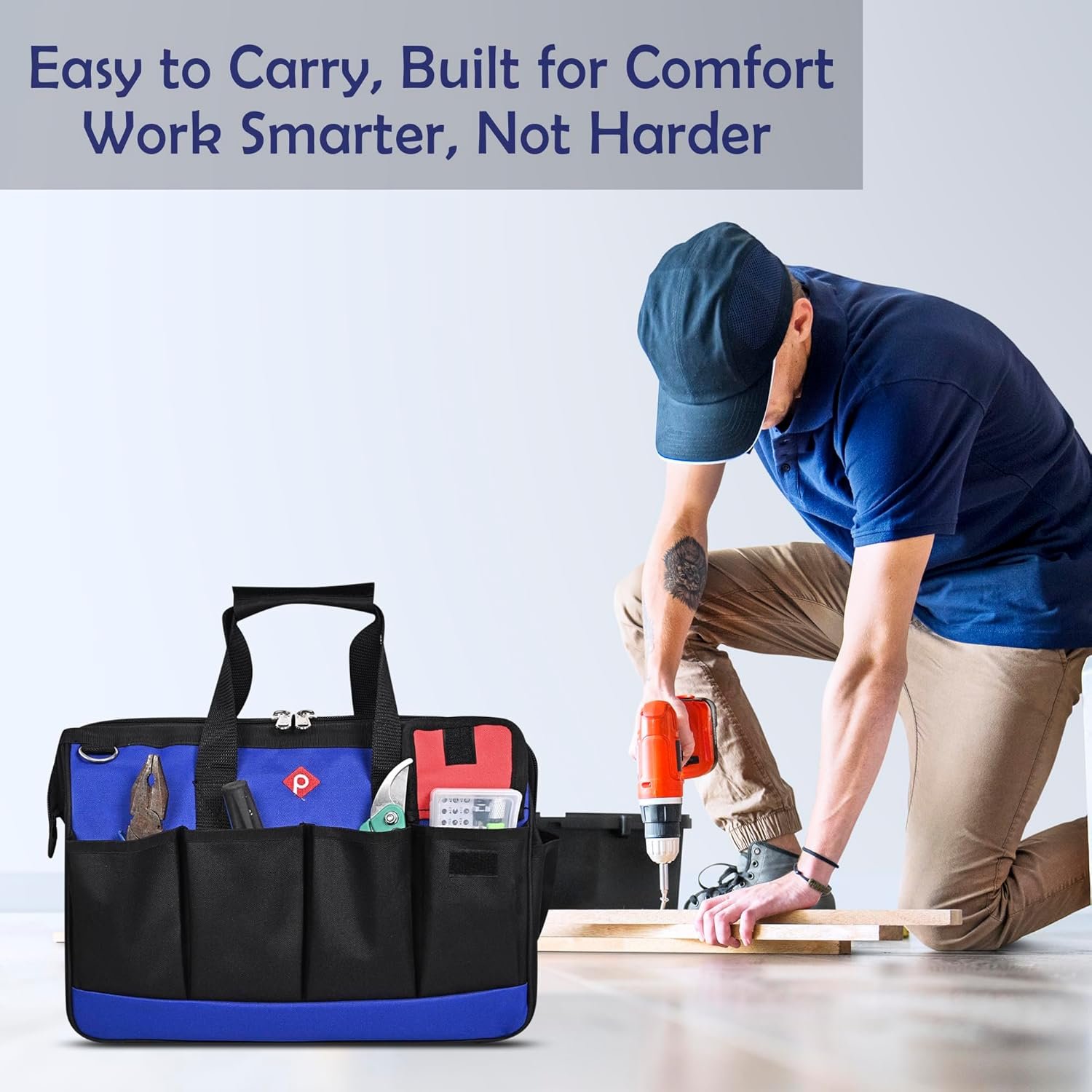PAHAL 16 Inch Tool Bag Wide Mouth, Heavy Duty Waterproof Nylon Tool Organizer for Electrician, Technician, Plumber, AC Mechanic & Carpenter (Blue, Large, Multi-Pocket, Empty) view 4