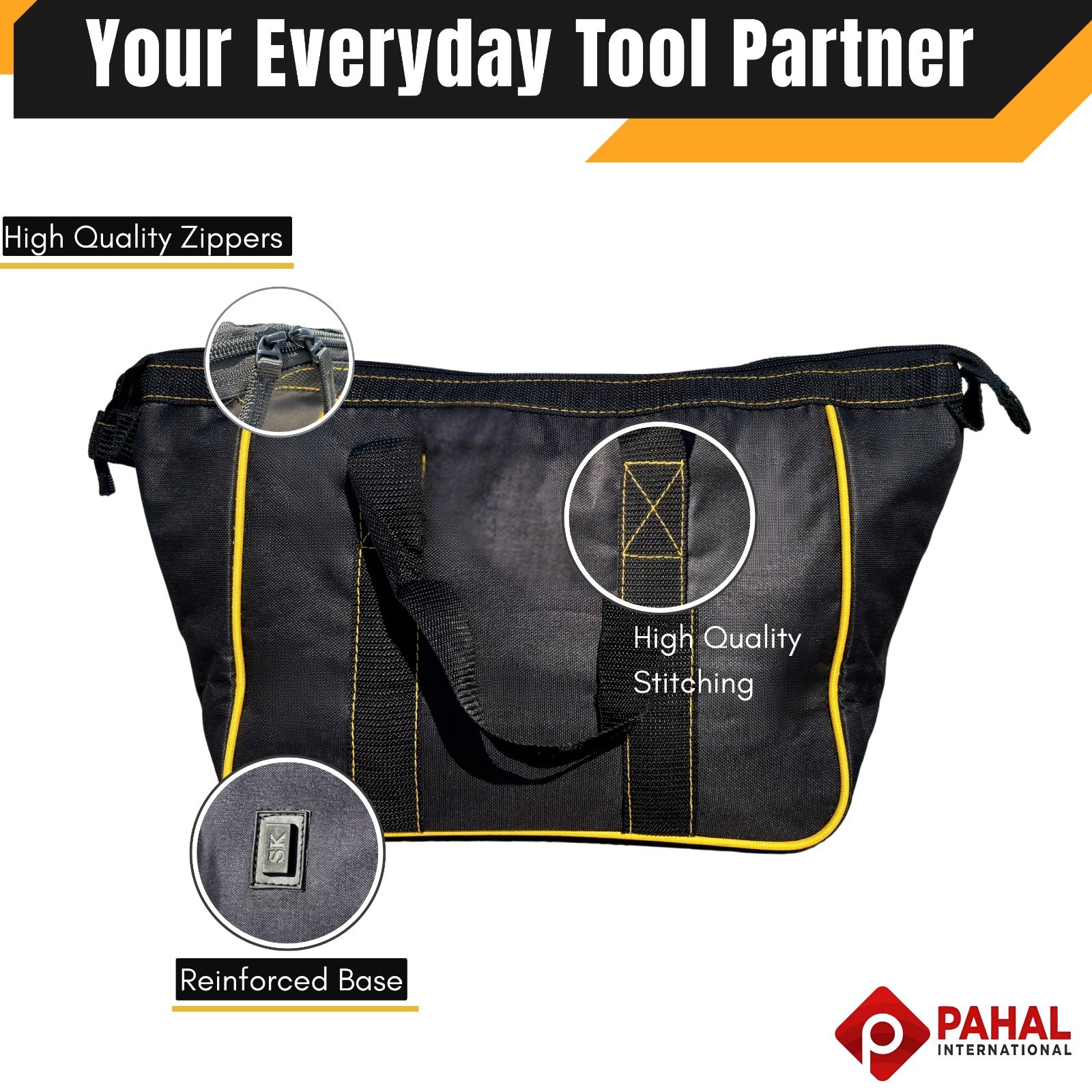 PAHAL Heavy Duty Electrician Tool Bag with Zipper | Durable Fabric Tool Kit Storage Bag with Carry Handles | Professional Tool Organizer for Technician, Carpenter, Mechanic, Plumber – Black view 3