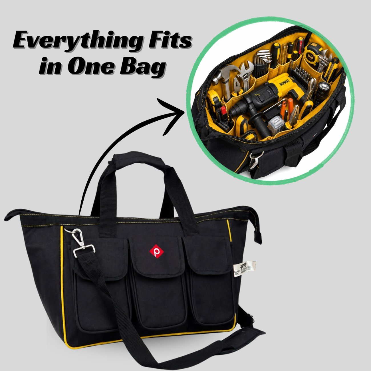 PAHAL 16 Inch Heavy Duty Tool Bag | Waterproof Nylon Tool Organizer with Multiple Pockets | Large Tool Storage Bag for Electrician, Plumber, Technician, Carpenter & Service Engineer | Black, Empty view 5