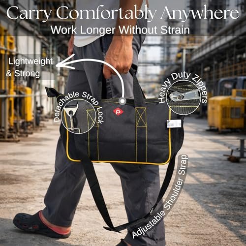 PAHAL 14 Inch Heavy Duty Nylon Tool Bag Waterproof | Multi-Pocket Tool Organizer for Electrician, Plumber & Technician | Durable Tool Storage Bag with Shoulder Strap | Black/Yellow view 3