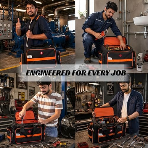 PAHAL Heavy Duty Tool Bag for Electrician, Plumber, Carpenter & AC Technician | Waterproof Nylon Tool Storage Organizer with Multiple Compartments, Shoulder Strap & 24L Capacity | Black & Orange view 3