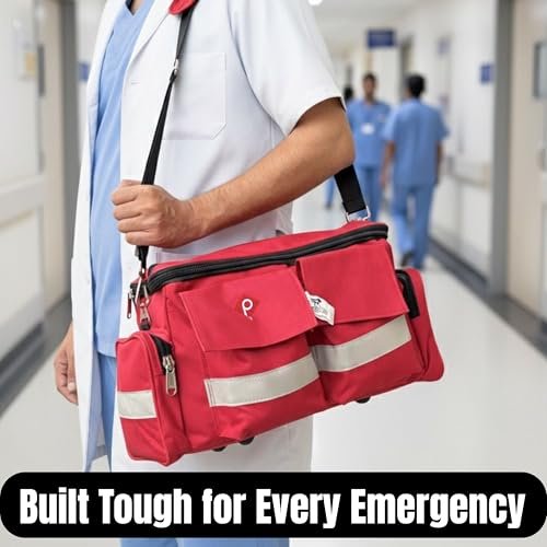 PAHAL 18 Inch First Aid Medical Kit Bag Red | Heavy Duty Waterproof Emergency Medicine Bag | 10 Pockets & 3 Compartments | Doctor, Nurse & Medical Instrument Organizer | First Aid Bag for Home Use view 3
