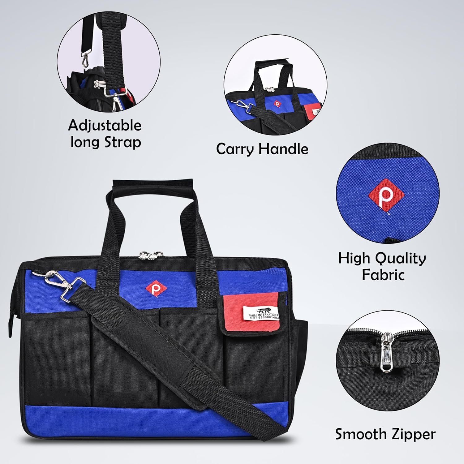 PAHAL 16 Inch Tool Bag Wide Mouth, Heavy Duty Waterproof Nylon Tool Organizer for Electrician, Technician, Plumber, AC Mechanic & Carpenter (Blue, Large, Multi-Pocket, Empty) view 3