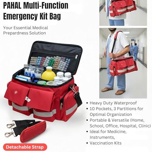PAHAL 18 Inch First Aid Medical Kit Bag Red | Heavy Duty Waterproof Emergency Medicine Bag | 10 Pockets & 3 Compartments | Doctor, Nurse & Medical Instrument Organizer | First Aid Bag for Home Use view 4