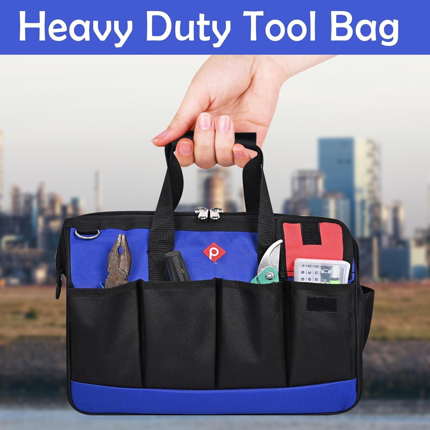 PAHAL 16 Inch Tool Bag Wide Mouth, Heavy Duty Waterproof Nylon Tool Organizer for Electrician, Technician, Plumber, AC Mechanic & Carpenter (Blue, Large, Multi-Pocket, Empty) view 6