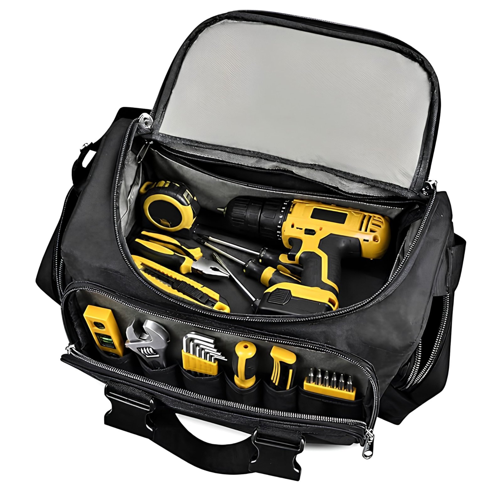 PAHAL Heavy Duty Tool Bag with Multiple Compartments Professional Electrician & Technician Organizer, Durable Fabric Tool Carry Bag 18 Inch with Zipper Closure & Adjustable Shoulder Strap - Black