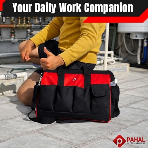 PAHAL Heavy Duty Tool Bag | Multipurpose Tool Organizer Bag with Shoulder Strap | Durable Tool Carrying Bag for Electrician, Plumber, Carpenter & Technician | Red & Black view 6