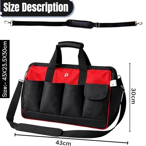 PAHAL Heavy Duty Tool Bag | Multipurpose Tool Organizer Bag with Shoulder Strap | Durable Tool Carrying Bag for Electrician, Plumber, Carpenter & Technician | Red & Black view 4