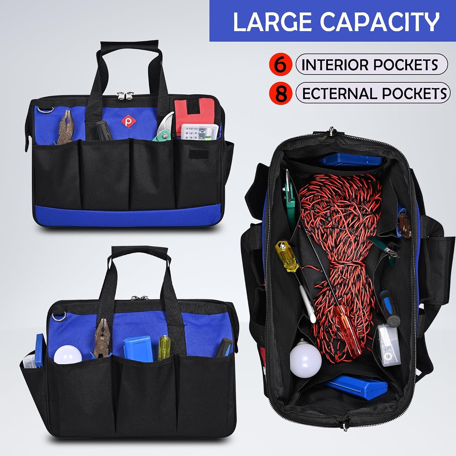 PAHAL 16 Inch Tool Bag Wide Mouth, Heavy Duty Waterproof Nylon Tool Organizer for Electrician, Technician, Plumber, AC Mechanic & Carpenter (Blue, Large, Multi-Pocket, Empty) view 5