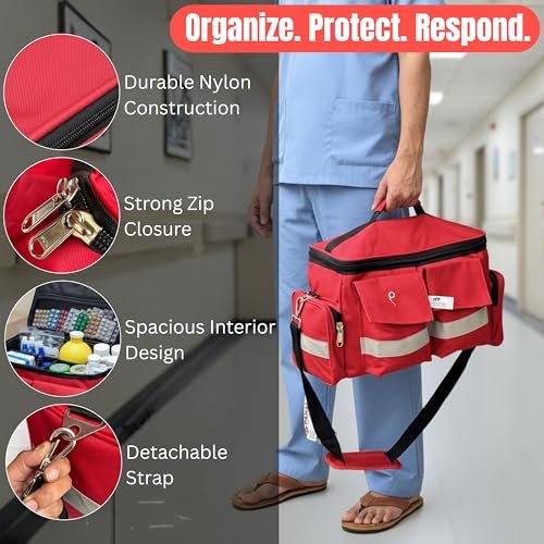 PAHAL 18 Inch First Aid Medical Kit Bag Red | Heavy Duty Waterproof Emergency Medicine Bag | 10 Pockets & 3 Compartments | Doctor, Nurse & Medical Instrument Organizer | First Aid Bag for Home Use view 5