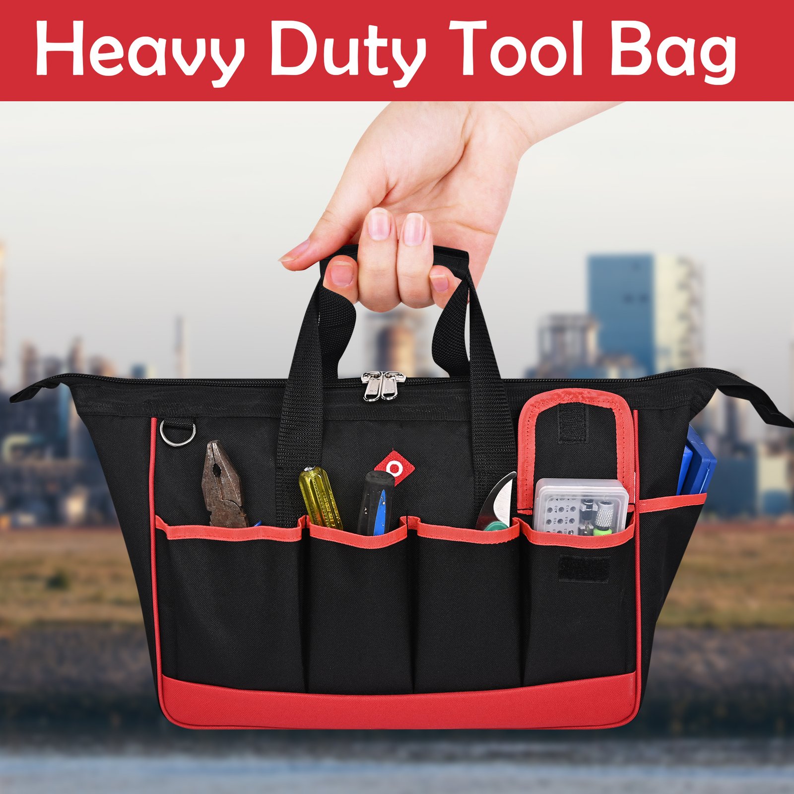 PAHAL 16 Inch Heavy Duty Nylon Tool Bag – Waterproof Wide Mouth Tool Storage Organizer with Multiple Pockets for Electrician, Plumber, Technician, Mechanic & Carpenter, Tool Carry Bag, Black view 3
