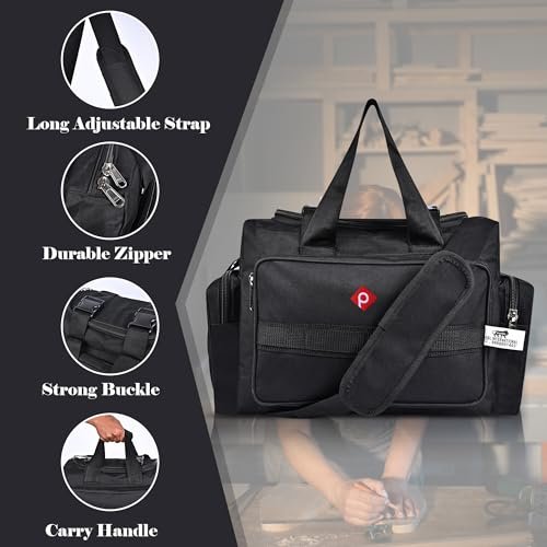 PAHAL Heavy Duty Tool Bag with Multiple Compartments Professional Electrician & Technician Organizer, Durable Fabric Tool Carry Bag 18 Inch with Zipper Closure & Adjustable Shoulder Strap - Black view 3