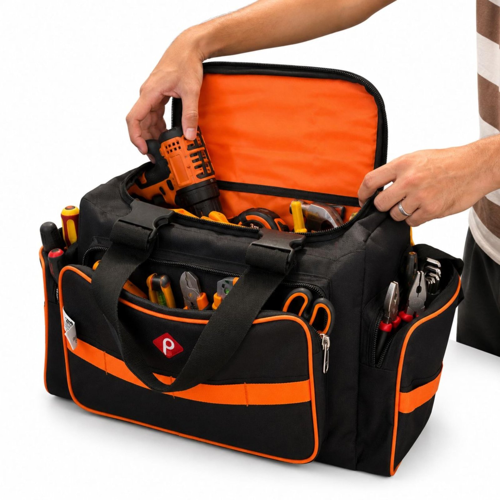 PAHAL Heavy Duty Tool Bag for Electrician, Plumber, Carpenter & AC Technician | Waterproof Nylon Tool Storage Organizer with Multiple Compartments, Shoulder Strap & 24L Capacity | Black & Orange