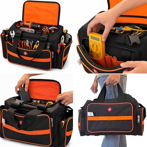 PAHAL Heavy Duty Tool Bag for Electrician, Plumber, Carpenter & AC Technician | Waterproof Nylon Tool Storage Organizer with Multiple Compartments, Shoulder Strap & 24L Capacity | Black & Orange view 2