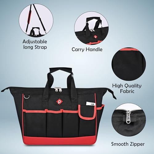 PAHAL 16 Inch Heavy Duty Nylon Tool Bag – Waterproof Wide Mouth Tool Storage Organizer with Multiple Pockets for Electrician, Plumber, Technician, Mechanic & Carpenter, Tool Carry Bag, Black view 4