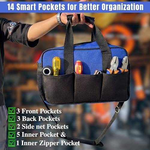 PAHAL 13 Inch Heavy Duty Nylon Tool Bag | Waterproof Tool Organizer with 14 Pockets | Durable Tool Storage & Carry Bag for Electrician, Plumber, Mechanic, Carpenter & AC Technician | Blue view 2