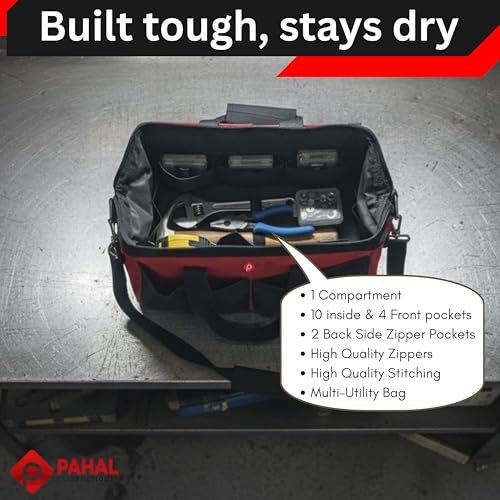 PAHAL Heavy Duty Tool Bag | Multipurpose Tool Organizer Bag with Shoulder Strap | Durable Tool Carrying Bag for Electrician, Plumber, Carpenter & Technician | Red & Black view 5