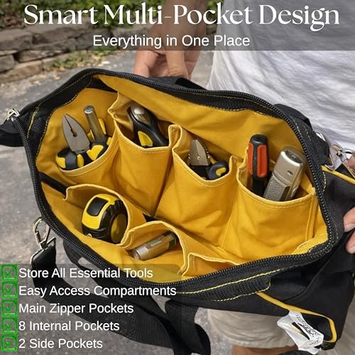 PAHAL 14 Inch Heavy Duty Nylon Tool Bag Waterproof | Multi-Pocket Tool Organizer for Electrician, Plumber & Technician | Durable Tool Storage Bag with Shoulder Strap | Black/Yellow view 4