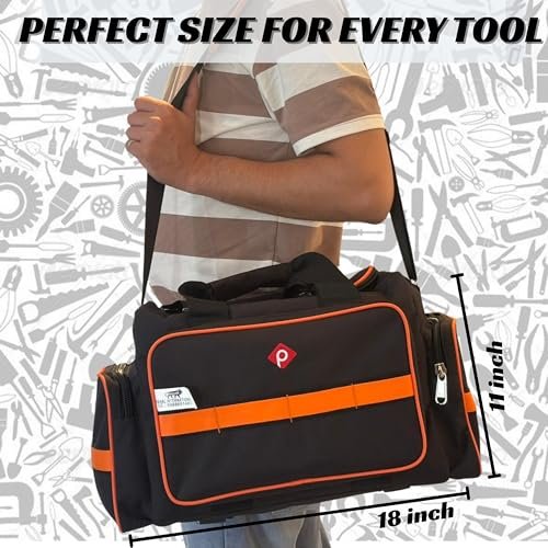 PAHAL Heavy Duty Tool Bag for Electrician, Plumber, Carpenter & AC Technician | Waterproof Nylon Tool Storage Organizer with Multiple Compartments, Shoulder Strap & 24L Capacity | Black & Orange view 5