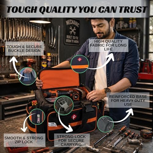 PAHAL Heavy Duty Tool Bag for Electrician, Plumber, Carpenter & AC Technician | Waterproof Nylon Tool Storage Organizer with Multiple Compartments, Shoulder Strap & 24L Capacity | Black & Orange view 4