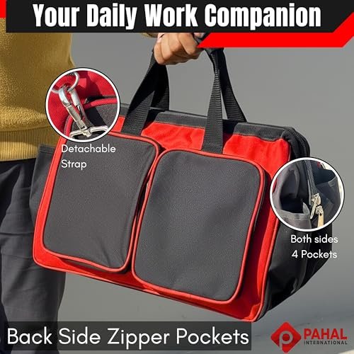 PAHAL Heavy Duty Tool Bag | Multipurpose Tool Organizer Bag with Shoulder Strap | Durable Tool Carrying Bag for Electrician, Plumber, Carpenter & Technician | Red & Black view 3